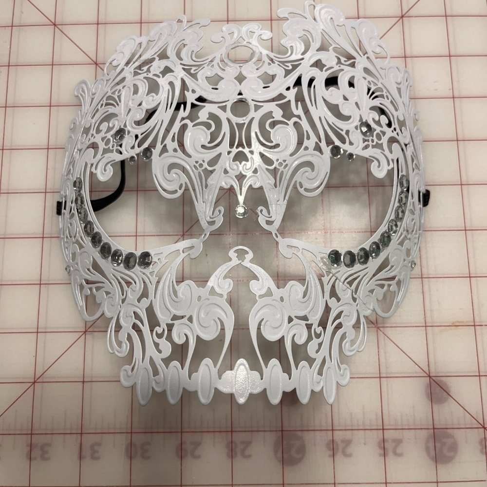 Intricate White Skull Decor Mask with Rhinestones